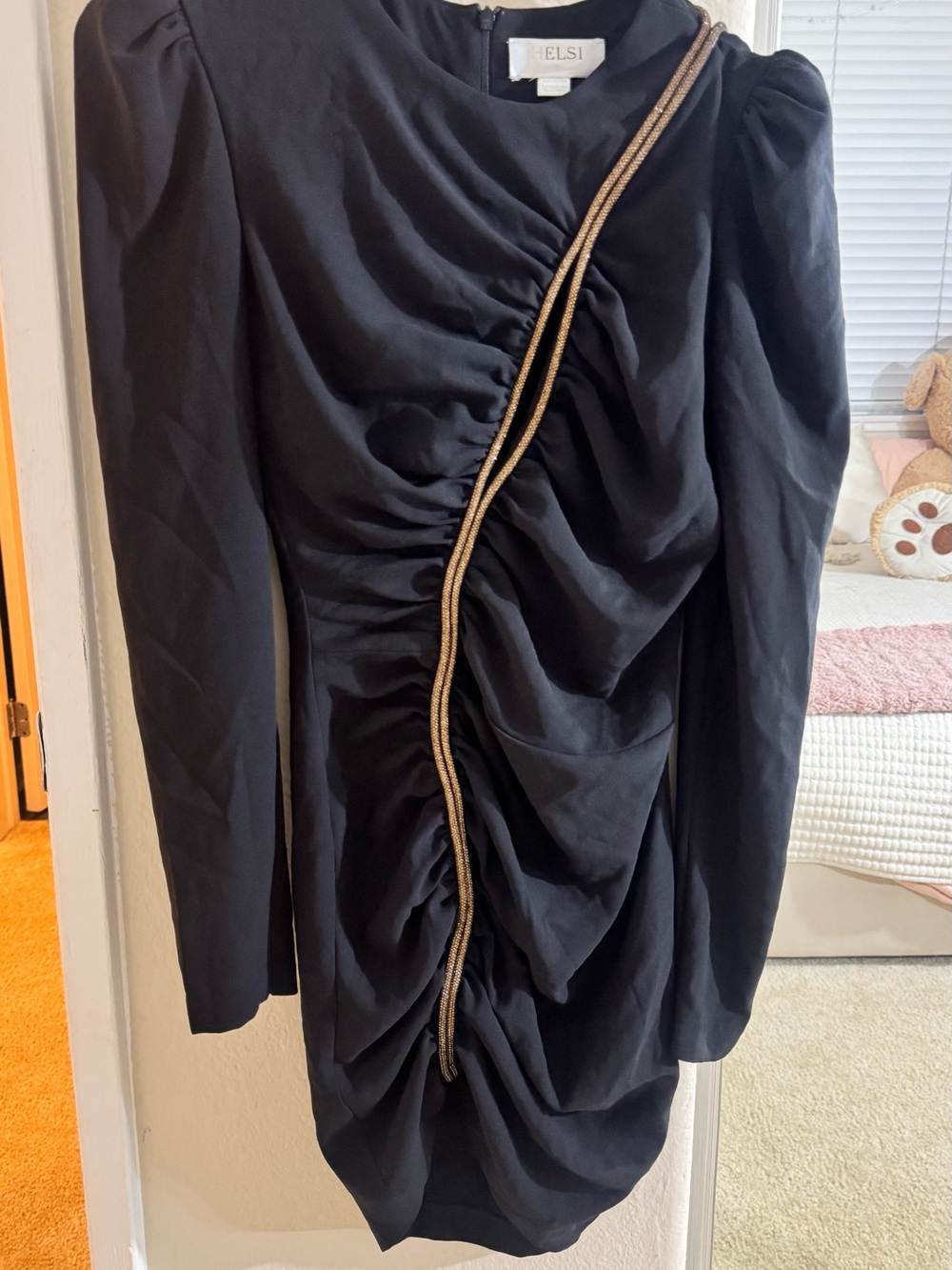 Elsi Black Long-Sleeve Ruched Dress with Gold Trim